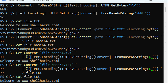 Base64 PowerShell commands to encode and decode data in Windows